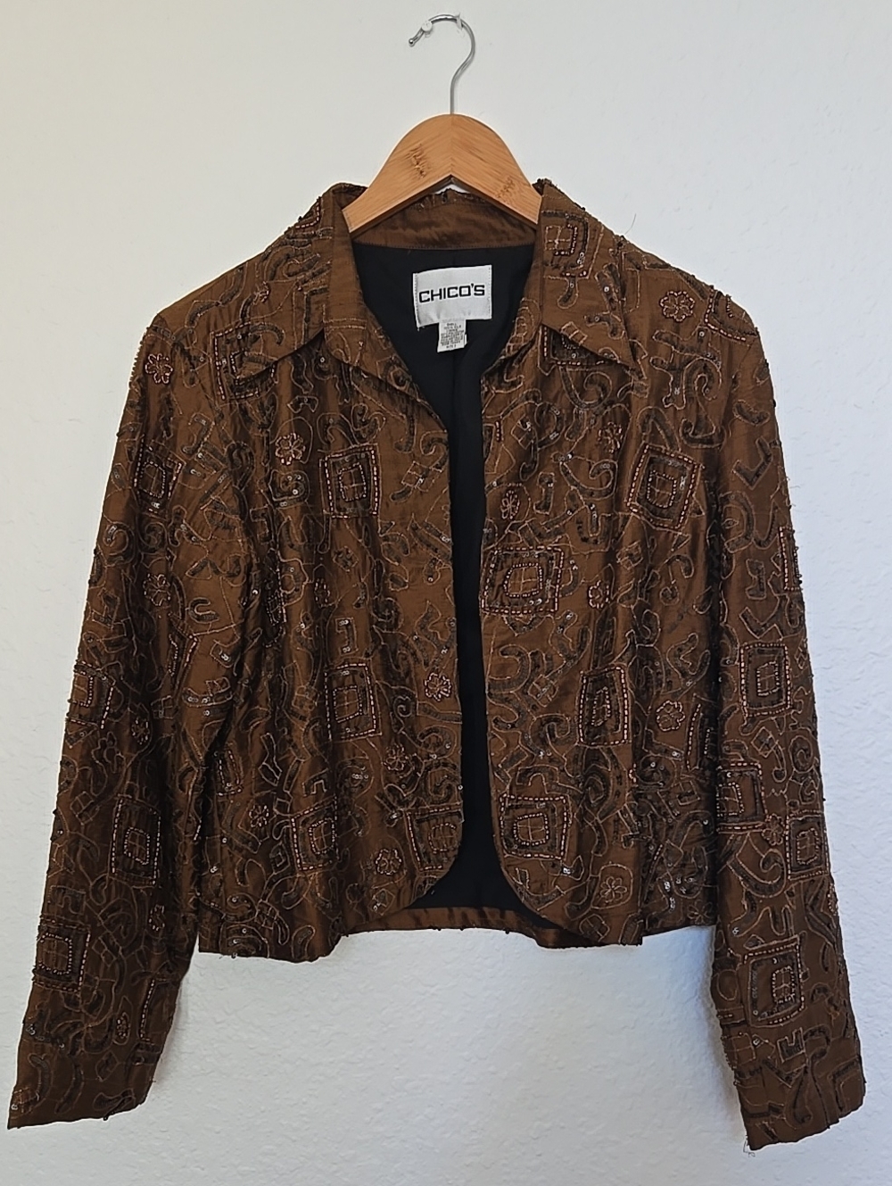 Chico's Brown Silk Beaded Embellished Women's Jacket Datenight Fancy Party Boho